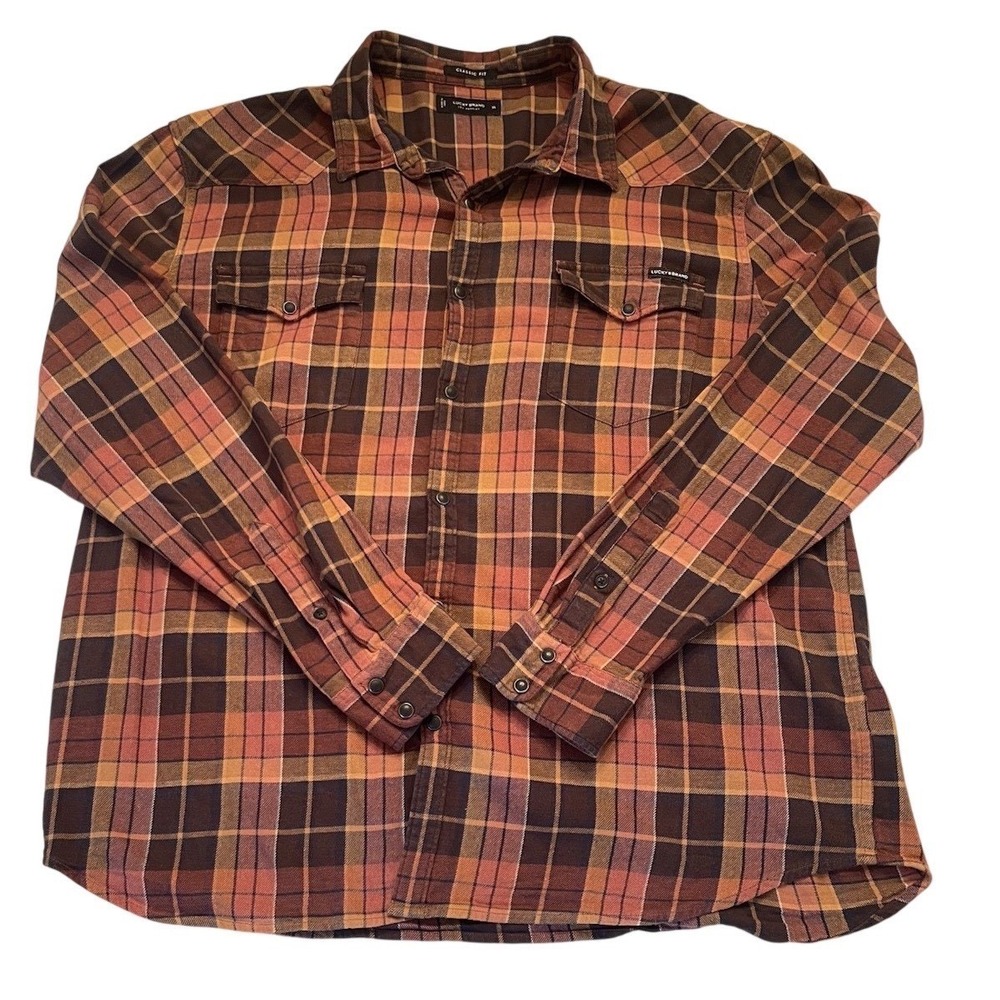 Lucky Brand Mens XL Classic Fit Western Plaid Button Down Shirt Brown Orange XL
